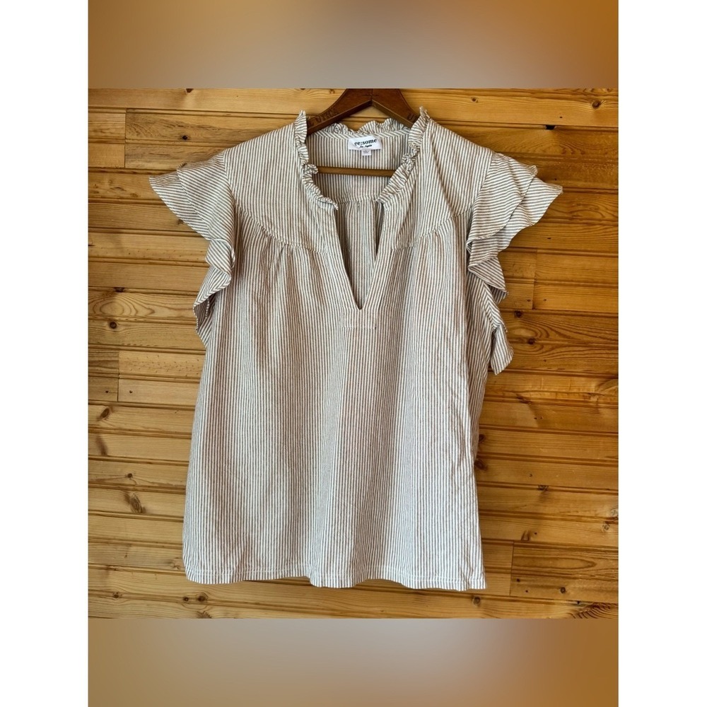 ee:some Blouse Cotton Beige Cream Striped Ruffle Sleeve Large V-Neck Feminine